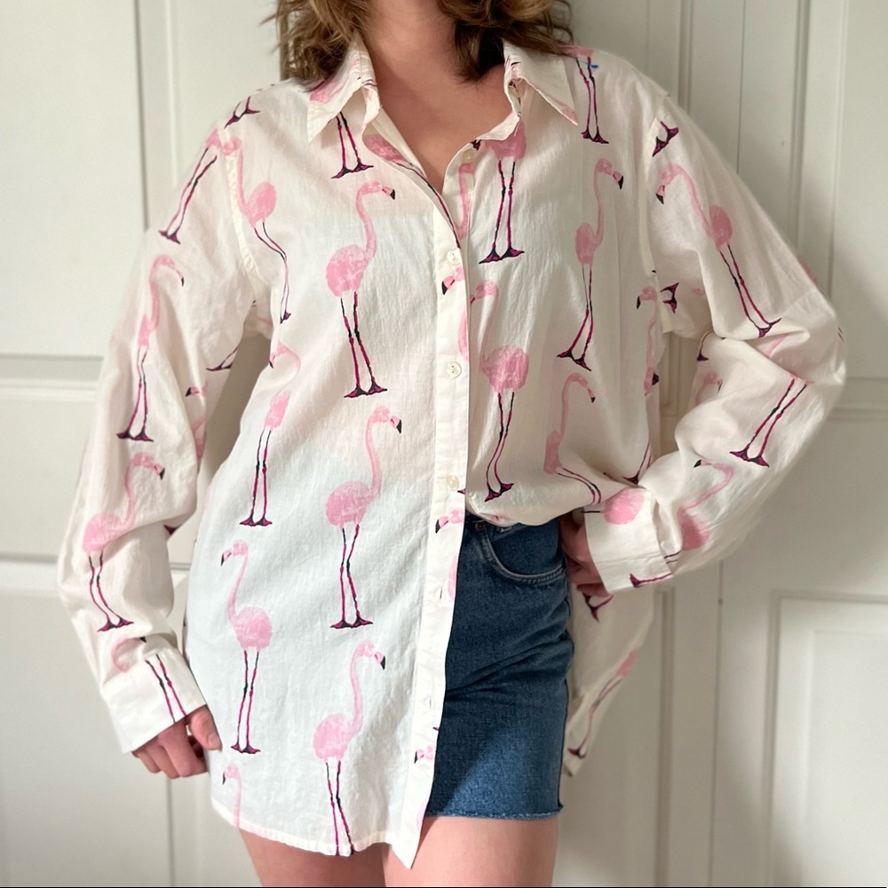 Flamingo Print Button Down Shirt - Pink & White
